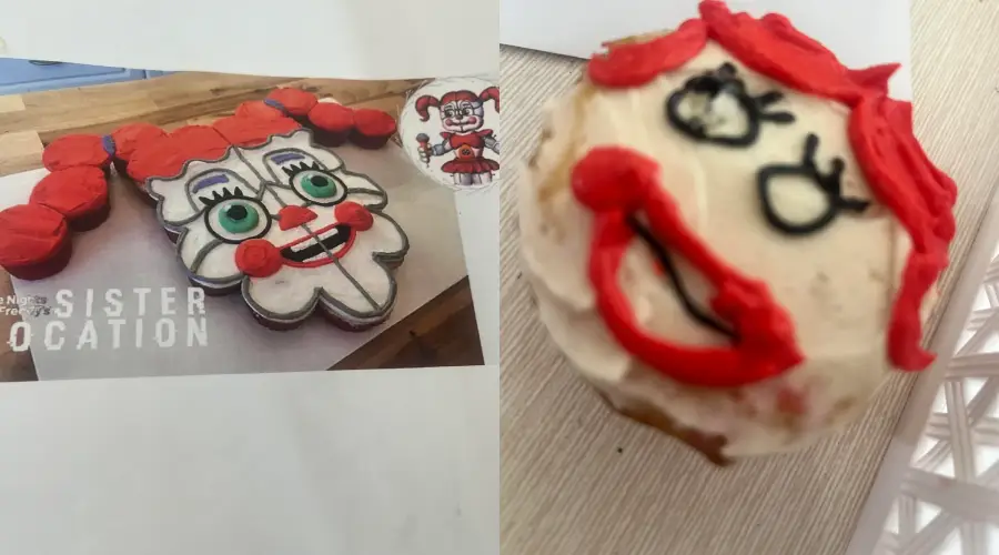 Two images: on the left, a detailed clown face cake with red hair and big green eyes; on the right, a homemade cupcake decorated to resemble the same clown character with red and black icing.