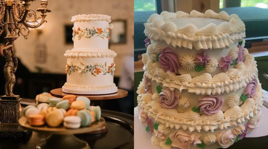 Two ornate cakes: one two-tiered with orange and white flowers, the other three-tiered with piped white icing and purple flowers. Colorful macarons sit on a tray beside the first cake.