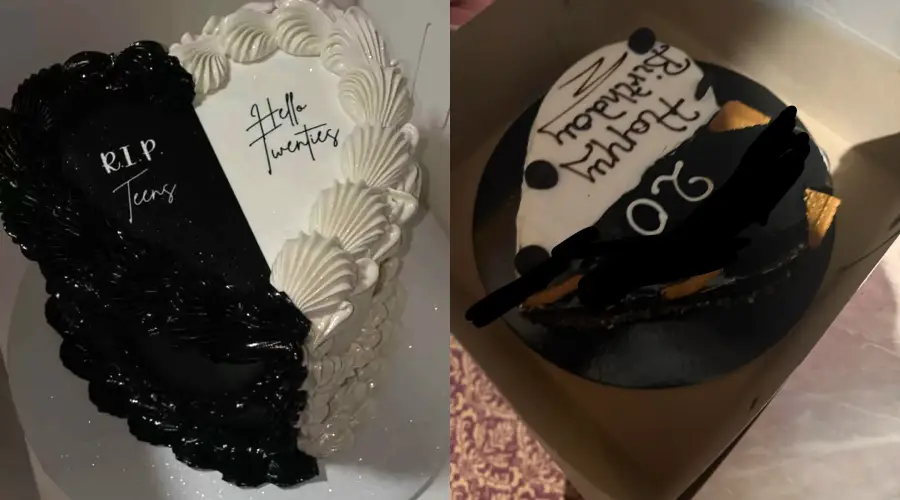 Two cakes: one black and white with “R.I.P. Teens, Hello Twenties” written on it, and another black and white cake reading “Happy Birthday 20” partially obscured by a black mark.