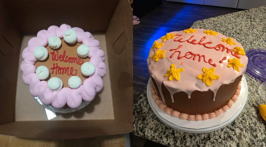 Two “Welcome Home” cakes: one in a box with pink frosting border and white swirls, the other on a counter with yellow star decorations and pink piped icing at the base.