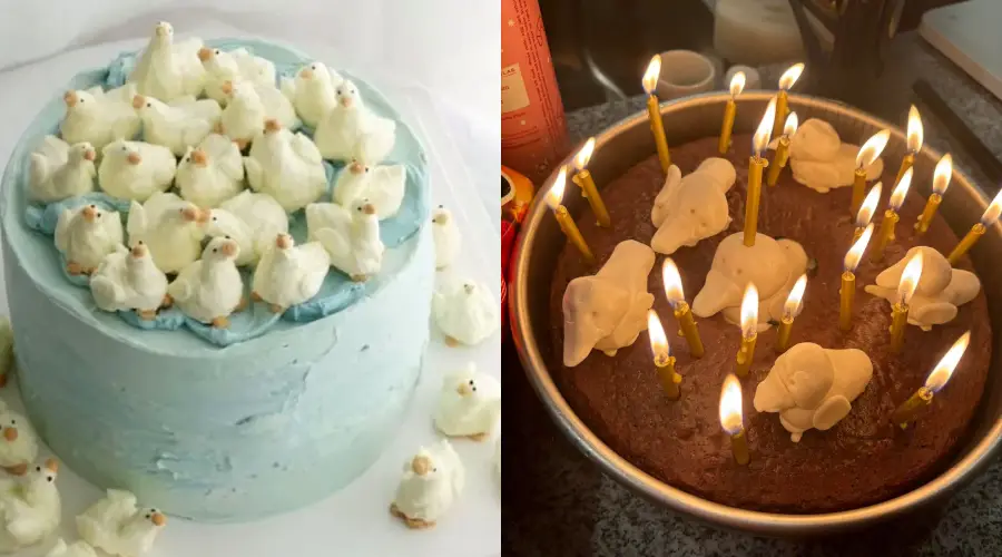 Two cakes: the left cake is blue with many white bird or chick decorations on top; the right cake is brown with yellow birthday candles and a few white animal-shaped decorations, possibly elephants.