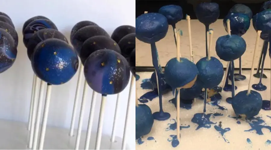 Split image: Left side shows neat, glossy galaxy-themed cake pops. Right side shows messy, uneven blue cake pops with drips and uneven coating on sticks. Both are displayed upright on a flat surface.