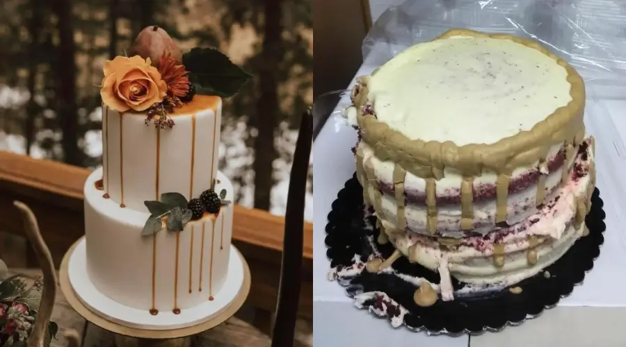 Two cakes: Left, a tall, elegant white cake with flowers and caramel drizzle. Right, a messy, uneven cake with frosting dripping down, missing decorations, and an unfinished look.