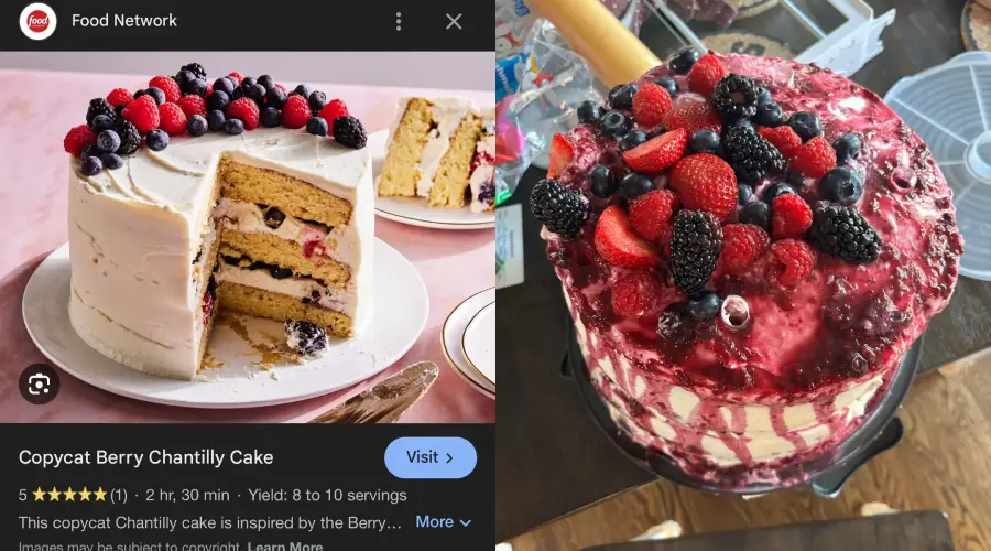 Side-by-side comparison of two berry layer cakes: the left is neatly frosted with berries on top, and the right is less uniform with berry sauce and mixed berries covering the top.