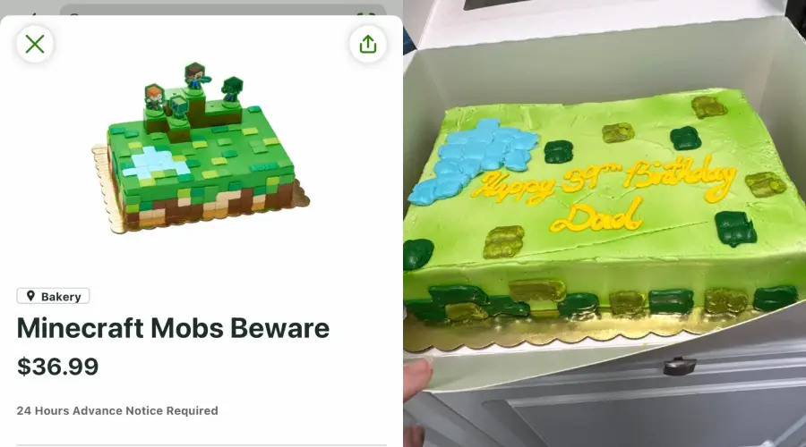 Side-by-side images: On the left, a bakery listing shows a detailed Minecraft-themed cake. On the right, a homemade cake with similar colors and a blocky look has “Happy 39th Birthday Dad” piped in yellow icing.