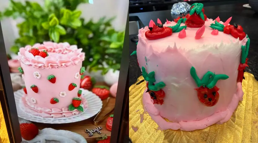 Two pink strawberry cakes: the left is neatly decorated with ruffles and small strawberries; the right is a homemade version with uneven pink icing and green and red decorations, sitting on a gold surface.