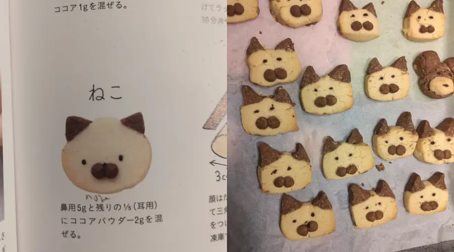 A recipe book shows a cat-shaped cookie on the left, and on the right, several homemade cat-face cookies with chocolate ears and noses are arranged on parchment paper.