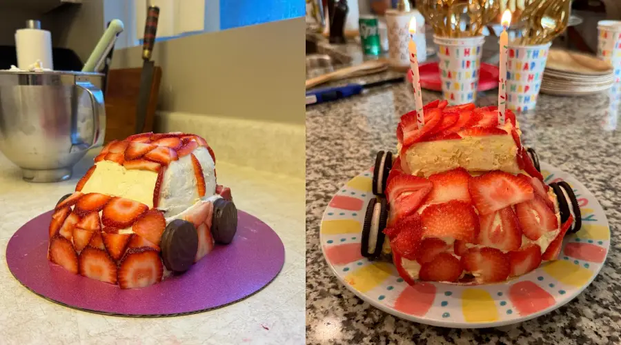 Two homemade car-shaped cakes topped with sliced strawberries and cookies for wheels. The left cake appears neat and tidy, while the right cake looks messier with uneven strawberry slices and visible cake layers.