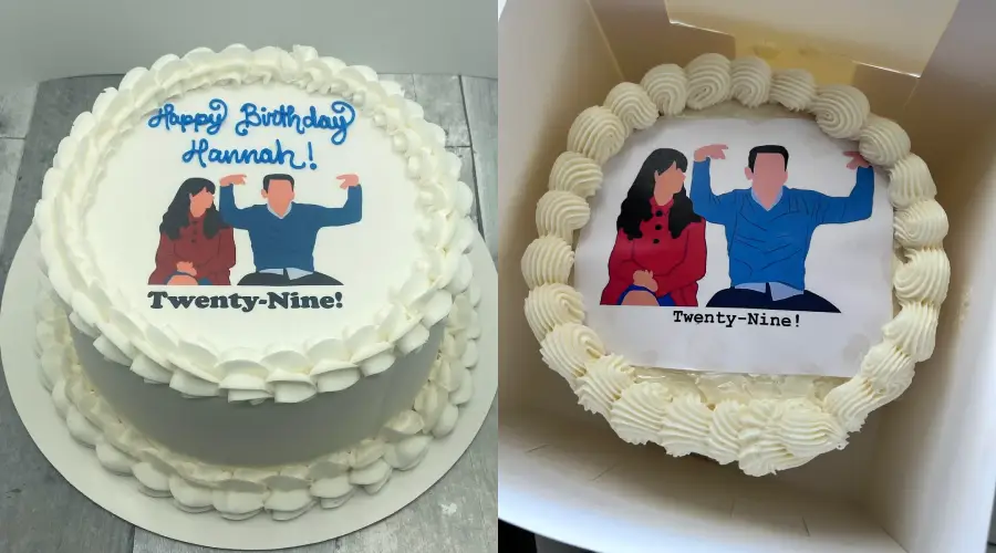 Two white cakes with piped borders, each featuring an image of a woman and man sitting together. Both cakes say “Twenty-Nine!”, and one also says “Happy Birthday Hannah!” in blue icing.
