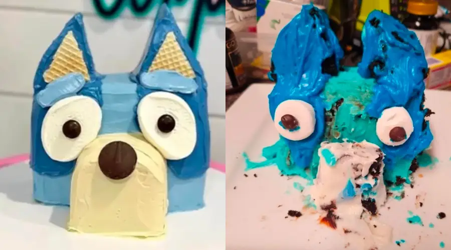 Two cakes side by side: the left is a neatly decorated blue dog face with candy and ice cream cones; the right is a messy, melted version of the same cake with smudged blue icing and skewed decorations.