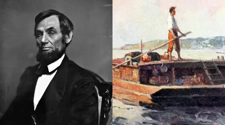 A black-and-white portrait of Abraham Lincoln is next to an illustration of a young man standing on a flatboat in a river, holding a pole.