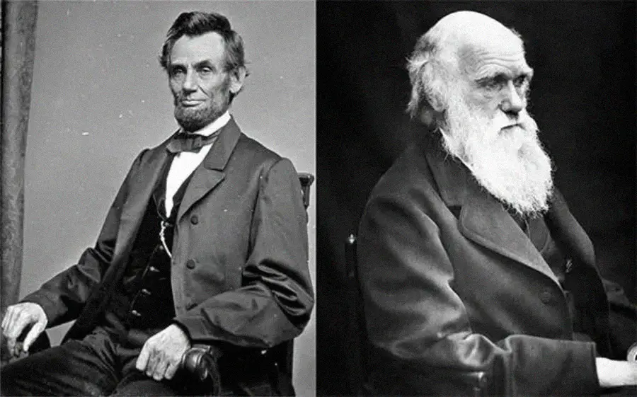 Two black-and-white portraits side by side: both show older men with beards sitting and looking slightly to the side, dressed in 19th-century suits against simple backgrounds.