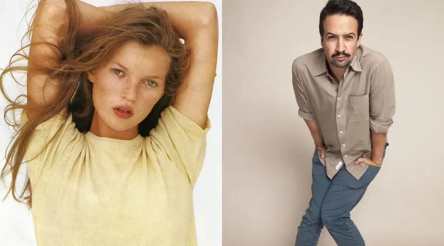 A split image: on the left, a woman with long hair and a neutral expression poses with her arms raised behind her head; on the right, a man with facial hair leans forward, hands on knees, looking at the camera.