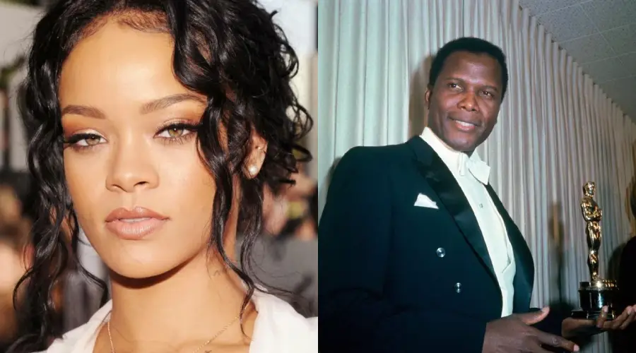 A split image shows a woman with curly hair and light makeup on the left, and a man in a tuxedo holding an award statue and smiling on the right.