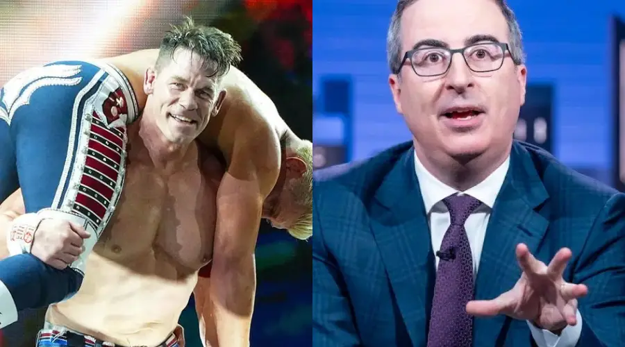 A muscular wrestler carries another wrestler over his shoulders in a ring, while a man in a suit and glasses gestures while speaking in a studio with blue lighting.