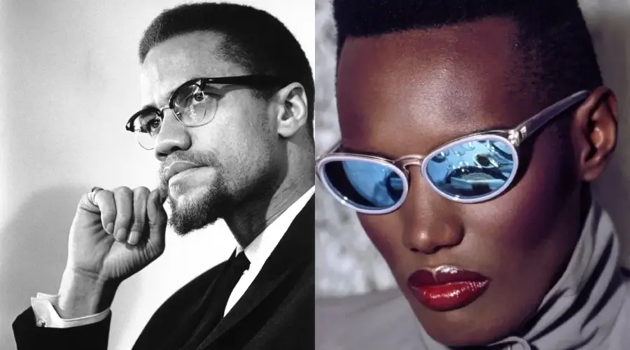 A split image: on the left, a black-and-white portrait of a man in glasses and a suit, resting his chin on his hand; on the right, a person wearing shiny lipstick and mirrored sunglasses reflecting a scene.
