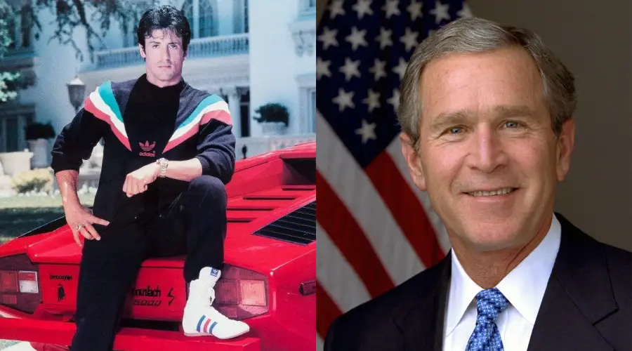A split image: on the left, a man in a black Adidas tracksuit leans on a red Lamborghini; on the right, a smiling man in a suit stands in front of an American flag.