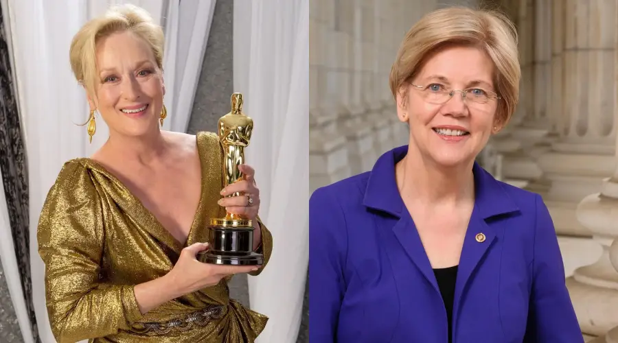 Split image: On the left, a woman in a gold dress smiles while holding an Oscar trophy. On the right, a woman in a blue blazer and glasses stands in front of columns, smiling at the camera.