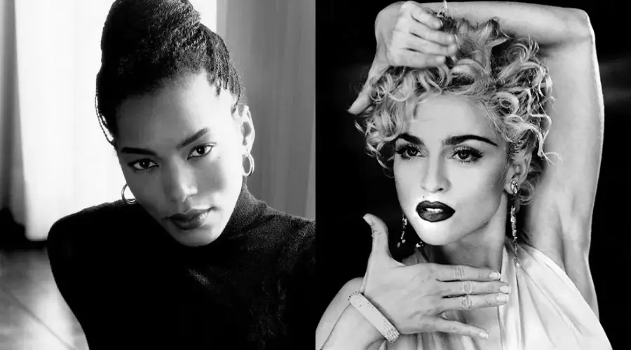 Two women in black and white portraits; one with dark hair in a bun and wearing a dark top, the other with short curly blonde hair, bold makeup, and striking a dramatic pose with her arm raised.