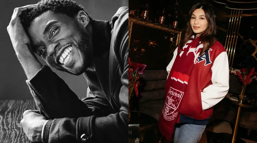 A split image: on the left, a man with short hair smiles widely in a black-and-white photo; on the right, a woman with long dark hair wears a red Arsenal scarf and jacket, standing indoors with dim lighting.