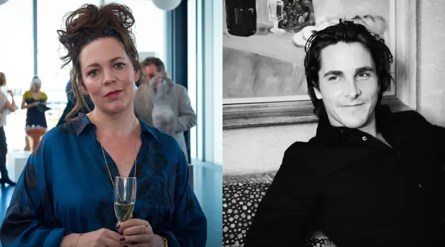 A woman in a blue dress holds a champagne glass at a gathering, while a black-and-white photo shows a man in a dark shirt sitting and smiling near a painting.