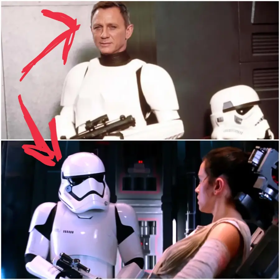 A split image: the top shows a man in a Stormtrooper costume with a red arrow pointing to him; the bottom shows a Stormtrooper facing a woman tied to a chair, with another red arrow pointing at the Stormtrooper.