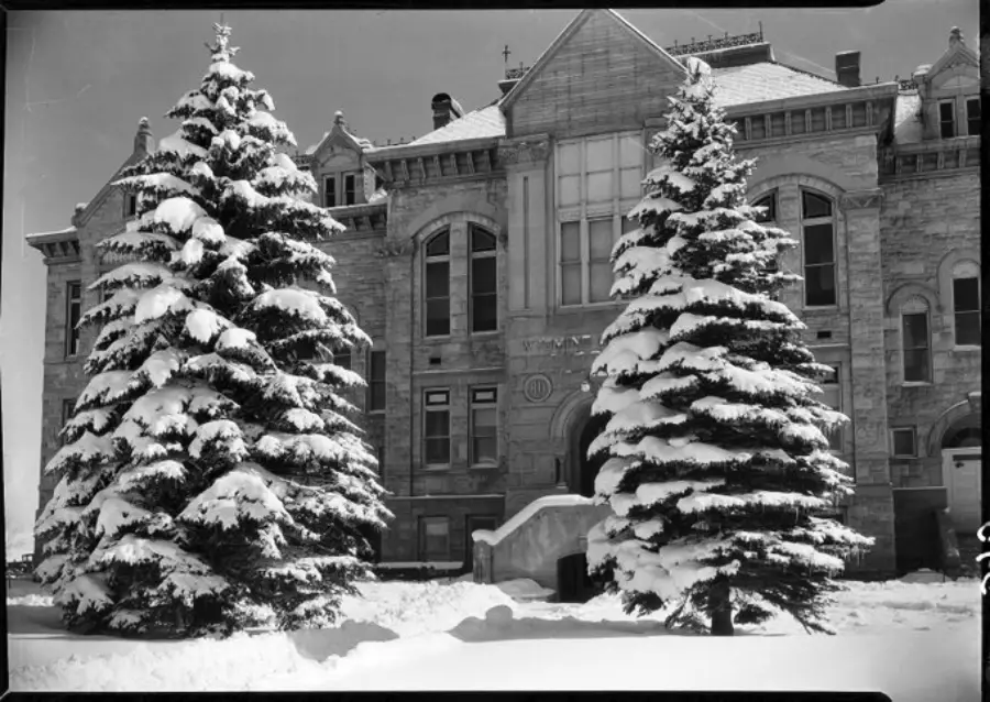 Large stone building with arched windows stands behind two tall evergreen trees heavily covered in snow; snow blankets the ground and building steps, under a bright sky.