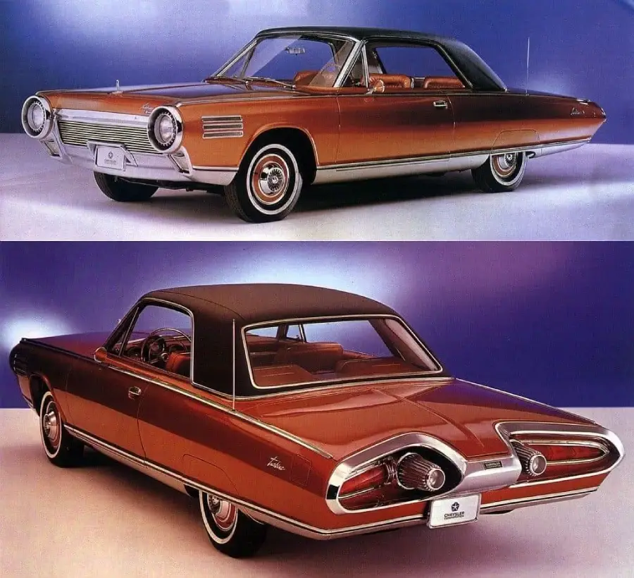 Two views of a vintage bronze car with unique jet-inspired styling, chrome accents, and a black roof shown in a studio setting with a light purple background.