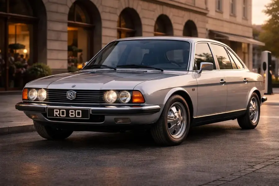 A silver classic NSU RO 80 sedan is parked on a city street near elegant buildings, with its headlights on and the sun setting in the background.