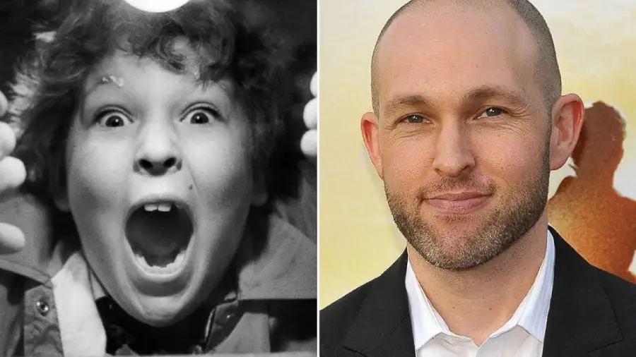 A split image: on the left, a black-and-white photo of a young boy with an open mouth and wide eyes; on the right, a color photo of a bald man with a trimmed beard, smiling slightly in a suit.