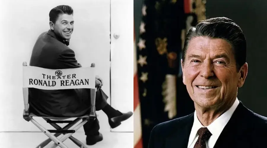 A black-and-white photo shows a man sitting on a director’s chair labeled “Ronald Reagan.” Next to it is a color portrait of the same man in a suit, smiling with a U.S. flag in the background.