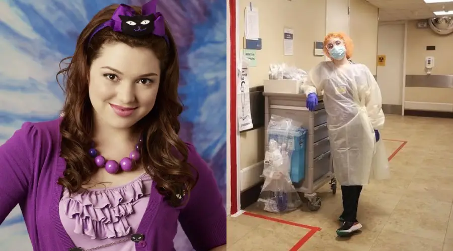 Split image: On the left, a young woman with long brown hair wears a purple headband, necklace, and top, smiling at the camera. On the right, a person in medical PPE stands in a hospital hallway.