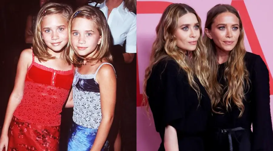 Side-by-side photos of two twin sisters: on the left, as children in sparkly outfits; on the right, as adults in black clothing standing together against a pink background.