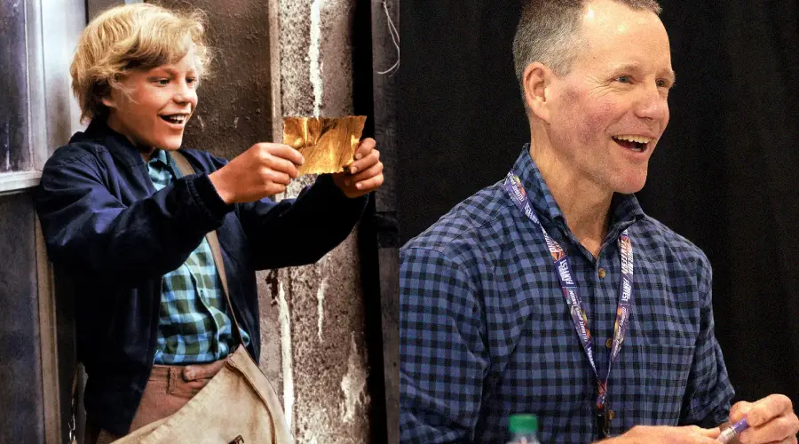 A split image shows a young boy in a movie scene on the left, smiling and holding a gold ticket, and an older man on the right, smiling while wearing a plaid shirt and a lanyard at an event.