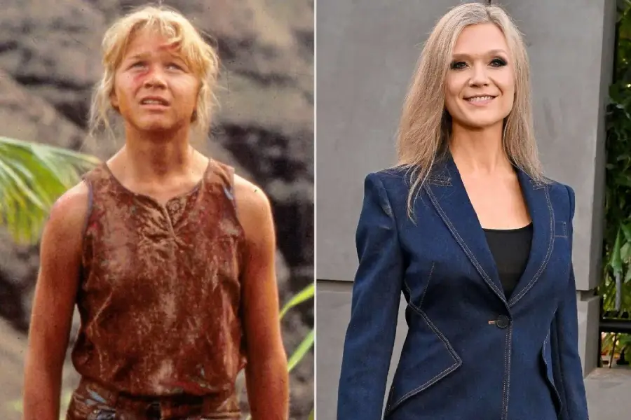 A split image shows a young girl in a dirty, sleeveless shirt outdoors on the left, and an adult woman with long blonde hair in a blue blazer smiling at an event on the right.