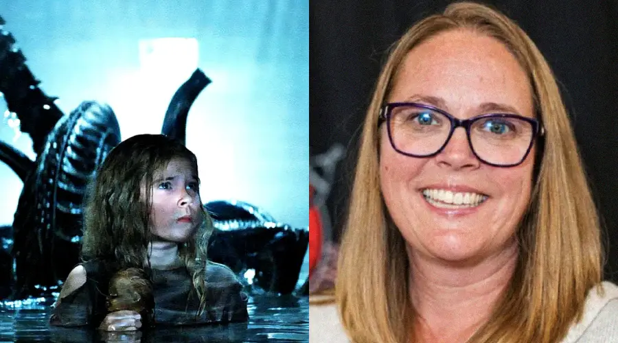 A split image: on the left, a young girl with wet hair stands in water, looking worried, with a dark creature behind her; on the right, a smiling woman with glasses poses against a dark background.