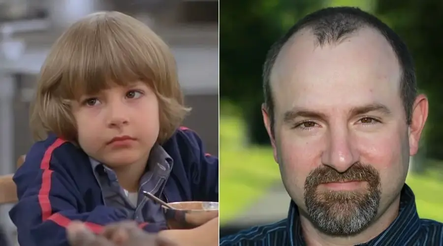 Split image: On the left, a young boy with straight light brown hair and a serious expression eats cereal. On the right, an adult man with short hair, a receding hairline, and a trimmed beard smiles slightly outdoors.