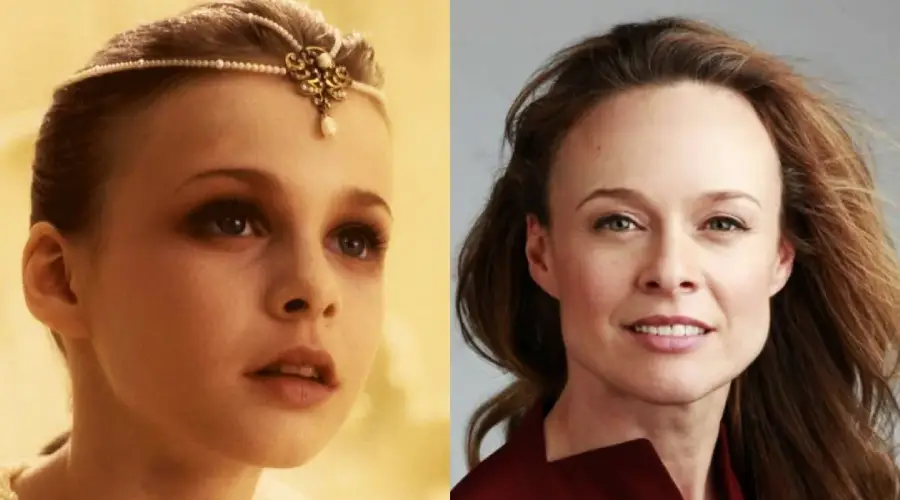 A side-by-side photo showing a young girl in a jeweled headpiece on the left and an adult woman with loose hair and a red top on the right, both facing forward.