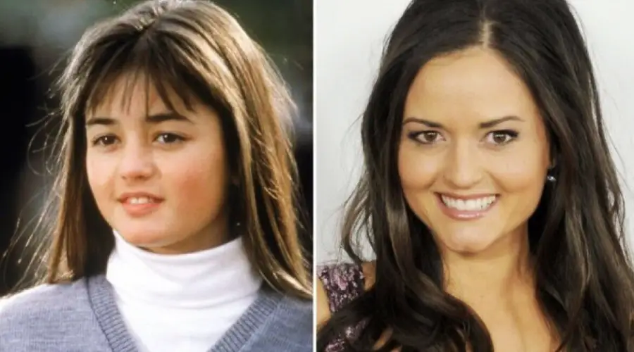 Side-by-side photos of the same woman at different ages: on the left, a young girl with straight brown hair and bangs; on the right, an adult woman with long, wavy dark hair, smiling at the camera.