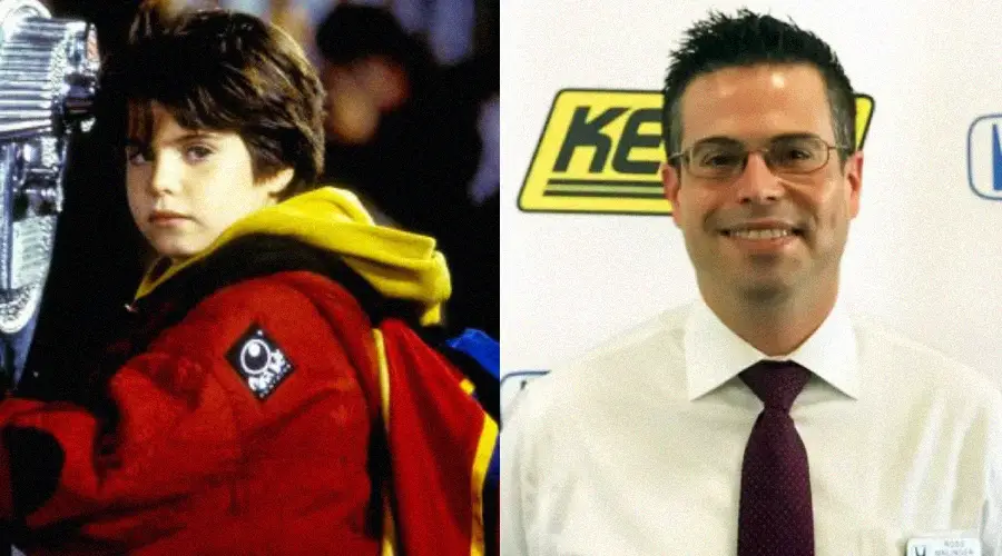 Side-by-side images: on the left, a young boy with dark hair in a red jacket and yellow hood; on the right, a smiling man with glasses, dark hair, white shirt, and tie standing in front of a logo background.