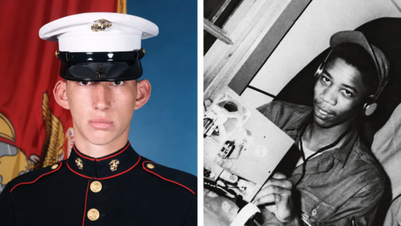 Two images side by side: on the left, a young Marine in dress uniform stands before a red flag; on the right, a Black man in military attire operates radio equipment, wearing headphones.