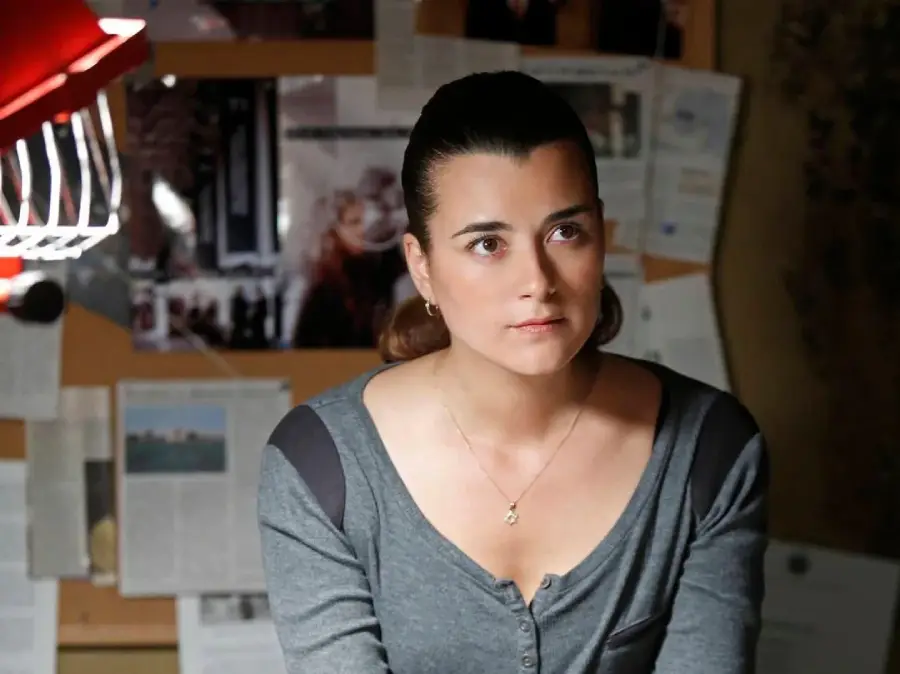 A woman with dark hair in a ponytail wears a gray top and sits in front of a bulletin board covered with papers and photos, looking thoughtful. A red lamp is visible on the left side of the image.