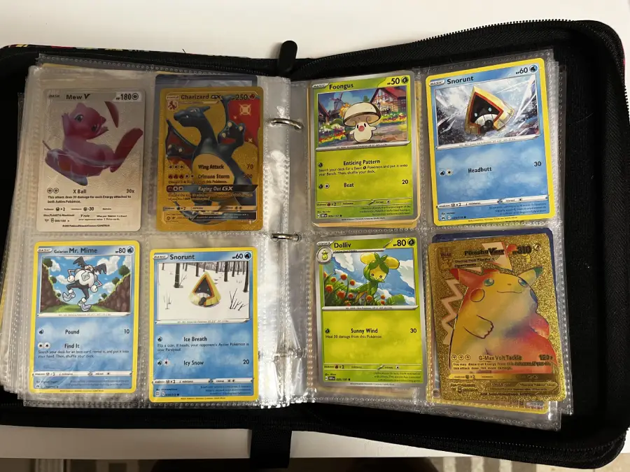 A binder page displays eight Pokémon cards, including Mew V, Charizard GX, Mr. Mime, Snorunt, Fomantis, Deerling, and a Pikachu with a festive hat. The cards are protected in plastic sleeves.