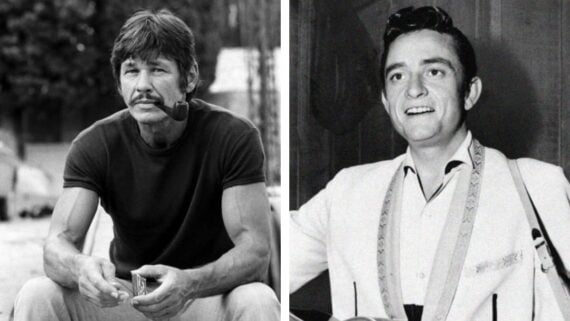 A split image: on the left, a man with a mustache sits outdoors holding cards and smoking a pipe; on the right, a smiling man in a suit holds a guitar indoors.