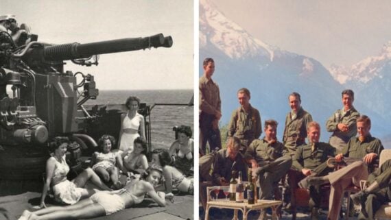 Split image: Left shows women in swimsuits lounging near a large naval gun on a ship; right shows men in military uniforms relaxing with drinks outdoors, snowy mountains in the background.