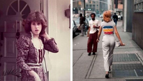 Split image: Left, a woman in a vintage polka-dot dress stands by a door, touching her hair. Right, a woman with red hair walks down a busy city street, wearing high-waisted pants and a colorful top.