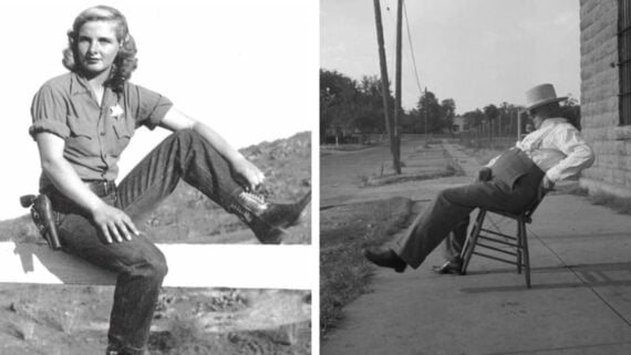 Split image: Left shows a woman in western attire with a badge, sitting on a fence. Right shows a man in a cowboy hat leaning back on a chair on a sidewalk by a building. Both photos are black and white.