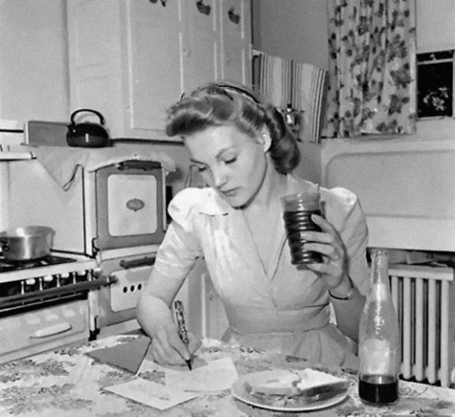 A woman in a 1950s kitchen sits at a table writing a letter. She holds a glass in one hand and wears a dress. A soda bottle, plates, and kitchen appliances are visible in the background.