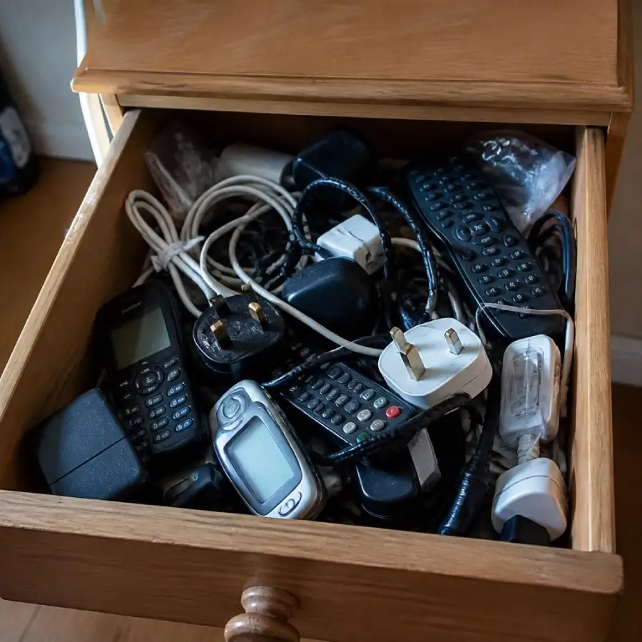 An open wooden drawer filled with old mobile phones, remote controls, chargers, and tangled cables.