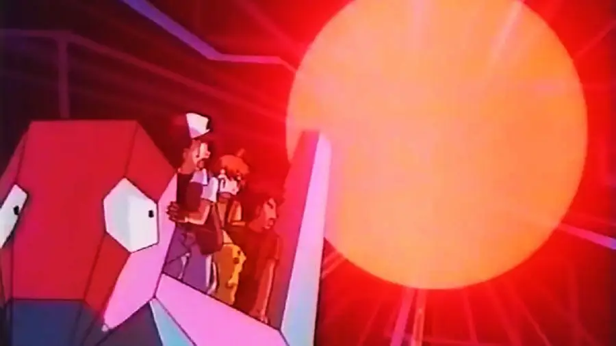 Three animated characters stand next to a polygonal creature, facing a large, bright red orb emitting intense light in a dark, digital-looking environment.